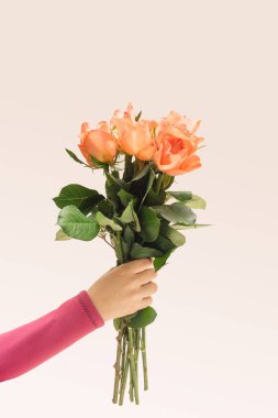 Romantik sürpriz asgari ilham konsepti. Taze gül buketi tutan kız eli. Güzel bej arkaplan