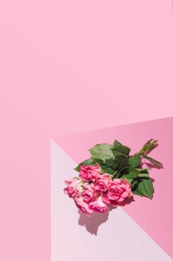 Zarif ve güzel gül demeti masanın ucunda dinleniyor. Arka planda pembe renklerden oluşan Retro ve şık tek renkli panel. Yaratıcı kopyalama alanı