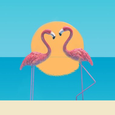 Evrensel aşk minimum konsept. Tropik plajda gün batımında birbirine aşık iki flamingo..