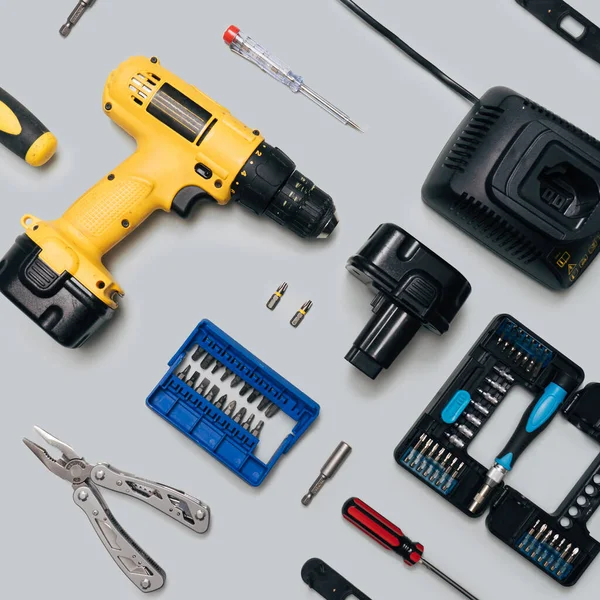 Diy Home Tool Minimal Concept Pattern Made Yellow Cordless Drill — Stok fotoğraf