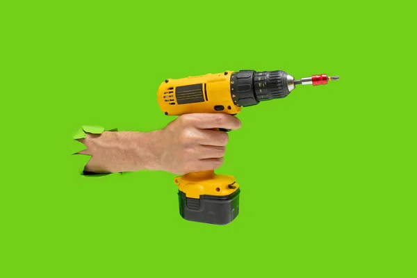 Man Hand Holds Brushless Cordless Combi Drill Breaks Green Color — ストック写真