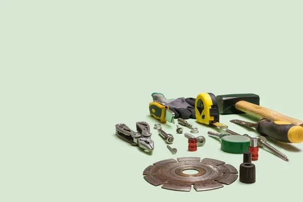 Arrangement Disc Circular Saw Hammer Meter Pliers Scalpel Other Tools — Stok fotoğraf