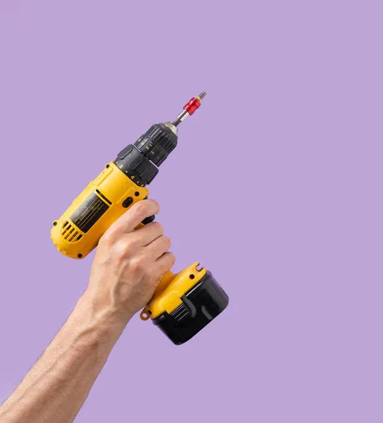 Man Hand Holds Brushless Cordless Combi Drill Comes Corner Purple Fotos De Stock