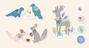 Geyik, kuş, sincap, kar, böğürtlen ve bitkilerle dolu kış çıkartmaları..