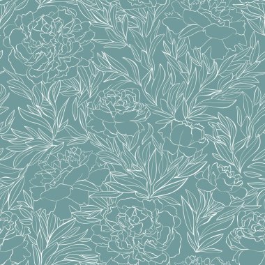 Çiçek vektör deseni. Soluk yeşil arka planda şakayık çiçeklerinin doğrusal çizimi. Tekstil, duvar kâğıtları, arka planlar, kumaşlar için uygun