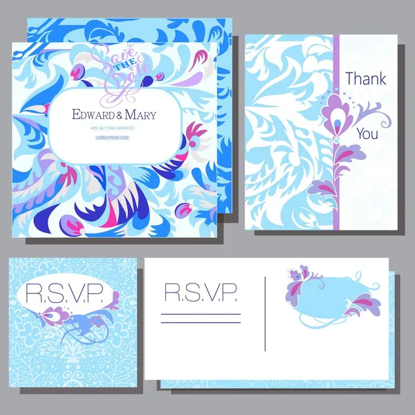 Set Decorative Wedding Invitation Cards Folk Painting — Stock Vector