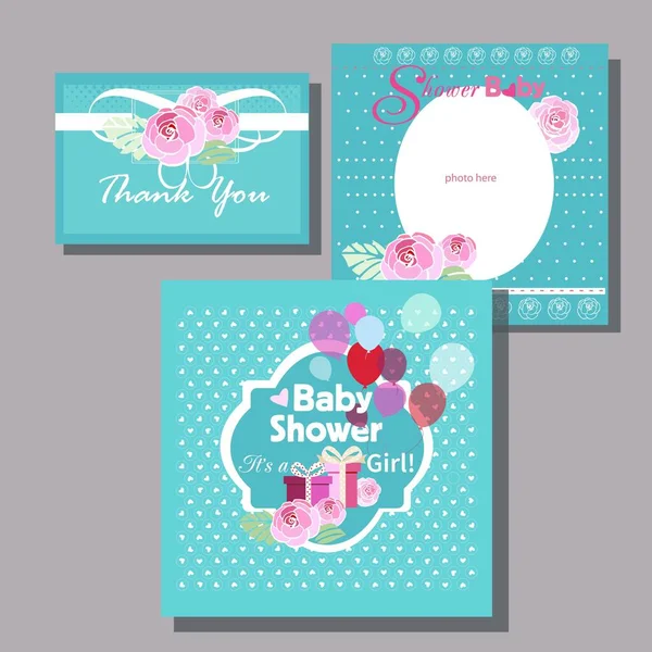 明信片婴儿淋浴卡 上面有玫瑰花和少女拖鞋 — 图库矢量图片