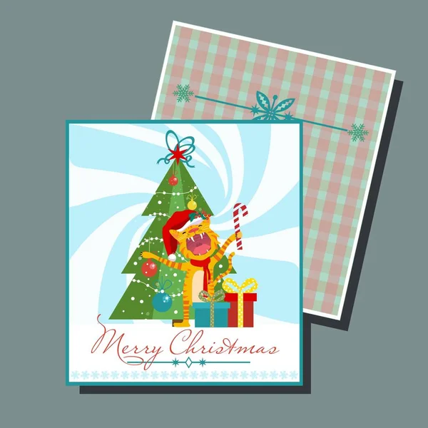 Cartão Ano Novo Feliz Com Tigre Engraçado Perto Árvore Natal — Vetor de Stock