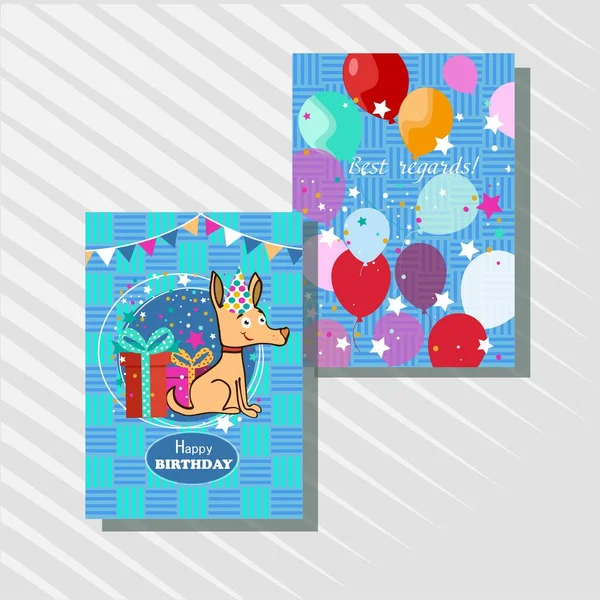 Joyeux Anniversaire Carte Drôle Avec Chiot Chien Cadeaux Ballons Lumineux — Image vectorielle