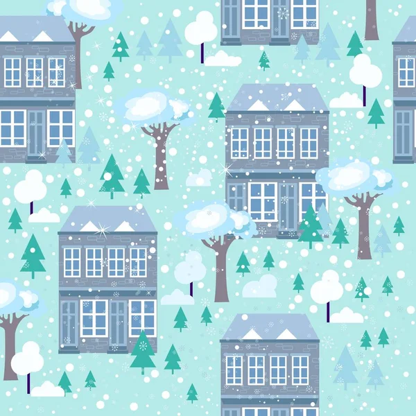 seamless pattern with winter city snowing, snowflakes fall in trees, backdrop