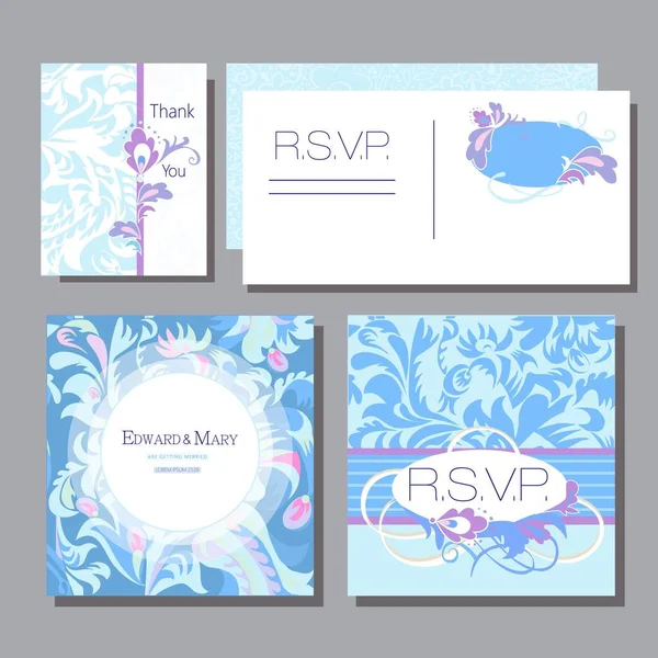 Wedding Invitation Card Naive Motives Blue Colors — Stock Vector