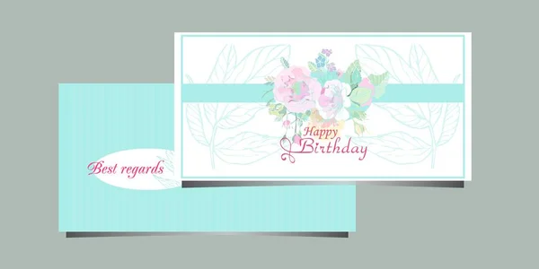 女性のための花束のバラと幸せな誕生日カード — ストックベクタ