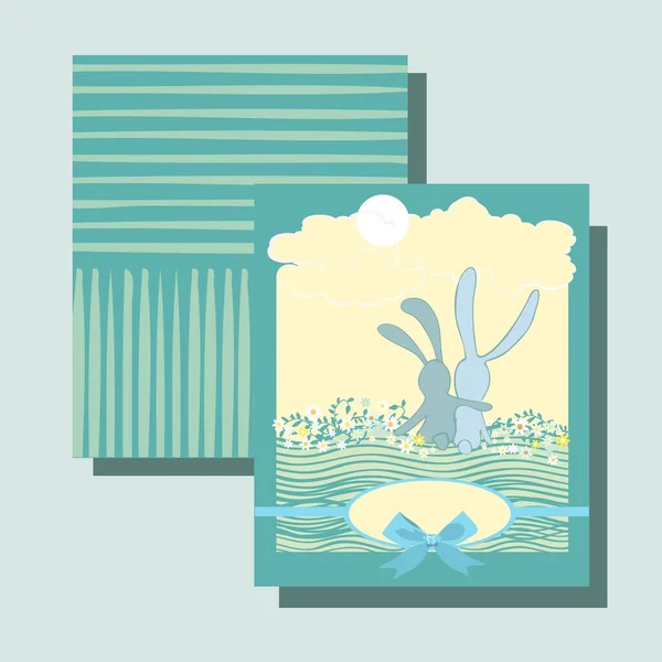Illustration Idyllic Landscape Bunny Friends Flowers Happy Birthday Card — Stock Vector