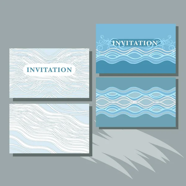 Tarjetas Invitación Color Azul Con Ondas Adorno Geométrico Lineal — Vector de stock