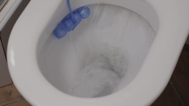El inodoro se lava con agua, drena en la alcantarilla, vista superior, primer plano — Vídeo de stock