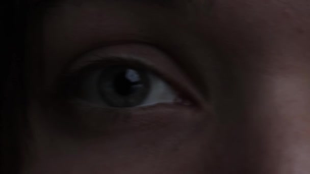 Μακροσκοπικά μάτια ενός κοριτσιού, Ευρωπαϊκή εμφάνιση, κοιτάζει στην κάμερα, η κίνηση του πλαισίου στο πλάι — Αρχείο Βίντεο
