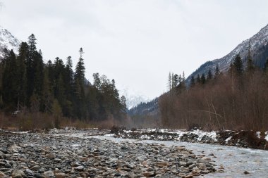 Winte 'deki dağ manzarası, nehir ve kayalık kıyı, arka planda dağlar ve orman, yuvarlak taşlar, soğuk