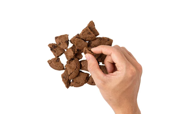 Hand Man Pick Chocolate Cookies Isolated White Background — Zdjęcie stockowe