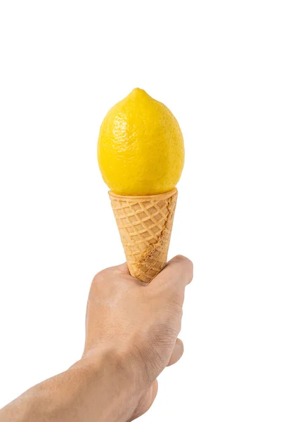 Hand Man Hold Ice Cream Cone Isolated White Background — 图库照片