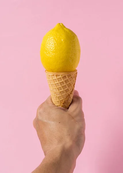 Hand Man Hold Ice Cream Cone Light Pink Background — Zdjęcie stockowe