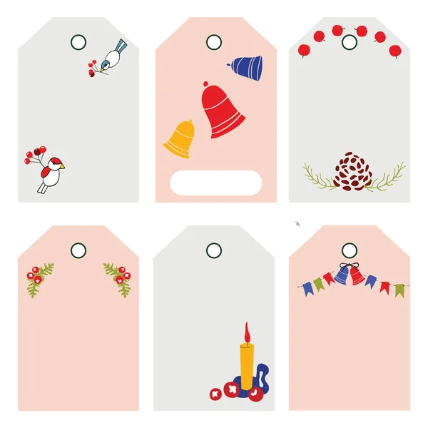 Tags set with birds, bells, tree cones, candle. — Stock Vector