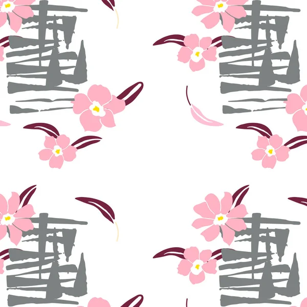 Abstract sakura flowers and hieroglyph pattern. — Stock Vector