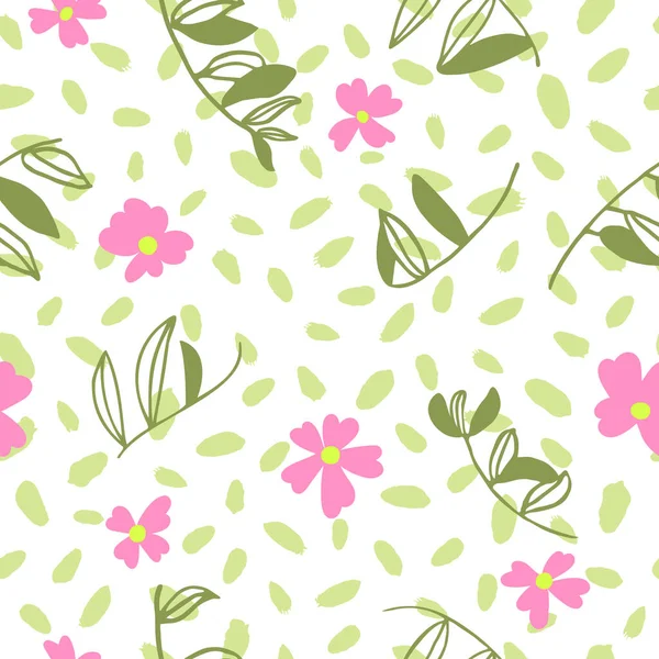 Pink Flowers Leaves Spots Multiple Pattern Vector Illustration — Stock Vector