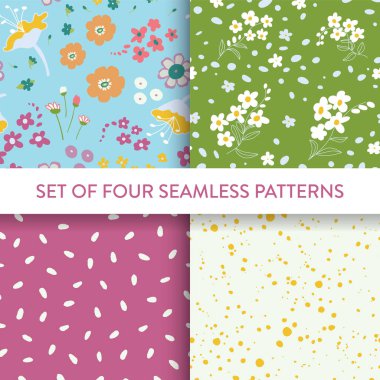 Çiçeklerle, yapraklarla, beneklerle, noktalarla dolu parlak renkli bir desen. Vektör çizimi. Pembe, mavi, sarı, beyaz renklerde soyut ve çiçek desenleri koleksiyonu. 