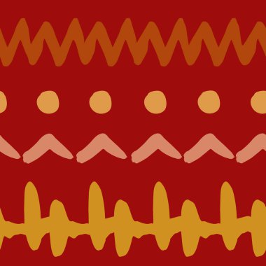 Simple shape boho style seamless repeat pattern on red background. Vector illustration. Hand drawn polka dots, zigzag and other elements.