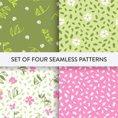 Pretty daisy flower, leaves, spot seamless pattern set. Vector illustration. Pattern for print, wallpaper, textile, fashion, scrapbooking, cover, decor, packaging.