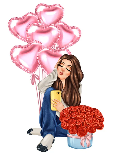 Chica Con Ramo Rosas Globos Forma Corazón Ilustración Chica Dibujada — Foto de Stock