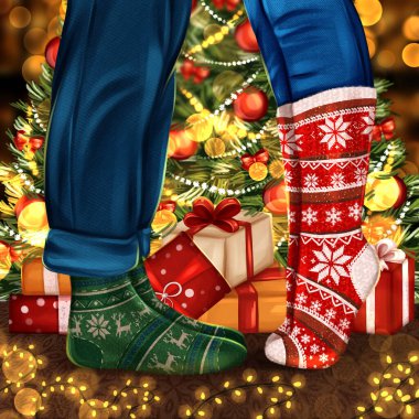 Erkek ve kız Noel 'i kutluyor. El çizimi kış çorapları çizimi