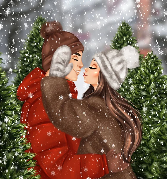 クリスマスツリー市場の男の子と女の子 手描き冬イラスト — ストック写真