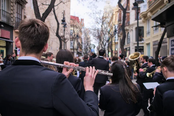Valência Espanha Março 2022 Músicos Tocando Rua Durante Celebração Festival — Fotografia de Stock