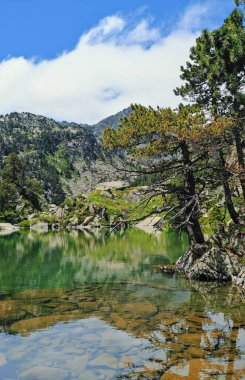 Cabanes Vadisi 'nde kara gölü terk ediyor. Aiguestores Doğal Parkı. Lleida, Katalonya