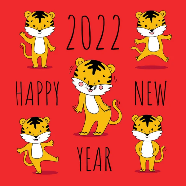 Chinese new year 2022 year. Illustration of tiger cartoon character. Flat design cat. — Stock Vector