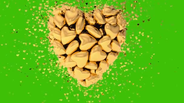 3D-weergave voor Valentijnsdag. 14 februari het genereren van gouden hart brieven gemaakt van 3D-harten. Gouden harten vliegen in verschillende side animatie met alfa. Hart met chroma. Transparante achtergrond — Stockvideo