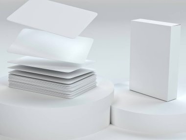 Modern oyun kartları maketi. Podyum ve kağıt şirket kartlarıyla üç boyutlu beyaz görüntü. Gelişiyor. Yükselen güverte. Levitating kartları. Kart kutusu modeli. Kartvizit paketleme. Kapat.