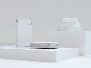 Modern oyun kartları maketi. Podyum ve kağıt şirket kartlarıyla üç boyutlu beyaz görüntü. Gelişiyor. Yükselen güverte. Levitating kartları. Kart kutusu modeli. Kartvizit paketleme. Kapat.