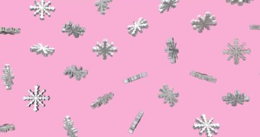 3d rendering Christmas decorations golden snowflakes failing in the pink background. Slow motion of floating and flying snowflake. Shining metal texture. Objects isolated with alpha mask.