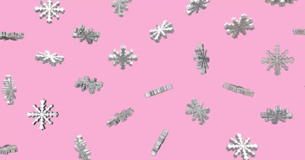 3d rendering Christmas decorations golden snowflakes failing in the pink background. Slow motion of floating and flying snowflake. Shining metal texture. Objects isolated with alpha mask. — Stockvideo