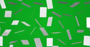 Failing down clear modern playing cards. White paper educational card. Mock up of business card . 3d rendering green casino scene. Corporate cards. Developing. Levitation. Close up presentation