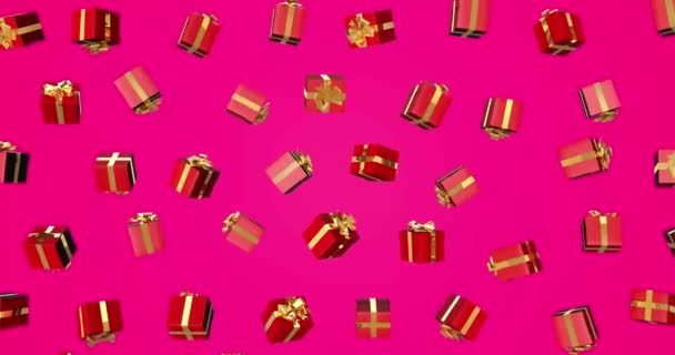 Digital animation for the new year, valentines day and other holidays. red gift boxes with a gold bow. Falling and turning animation. 3d rendering with alpha mask and realistic textures, shadows. — 비디오