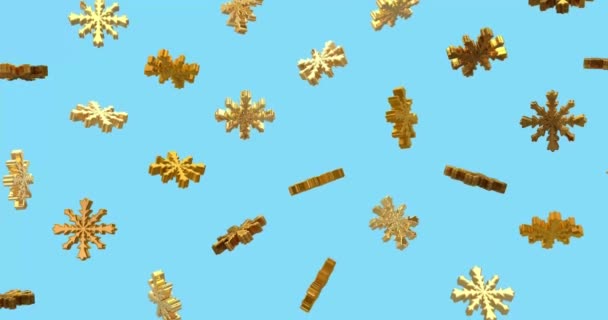 3d rendering Christmas decorations golden snowflakes failing in the blue background. Slow motion of floating and flying snowflake. Shining metal texture. Objects isolated with alpha mask. — Stock video