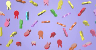 Paskalya için üç boyutlu dijital afiş. Tavşan kulaklı yumurta şeklinde oyuncaklar. Pastel renkte 3D renkte. Paskalya sembolleri düşüyor ve dönüyor. Paskalya için video efekti. Hristiyan bayramı.