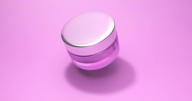 Güzellik reklamları için arka planda kozmetik paketleme 3D. Metalik kapaklı cam krema kavanozu. 3D modada çok moda. Yüz için reklam kremi. Boş güzellik...