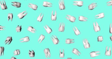 Üç boyutlu dişler. Diş sağlığı kliniği için ekran koruyucu. Diş macunu, takma dişler, diş bakımı için dijital animasyon. Düşme ve dönme animasyonu. 3D alfa maskeli gerçekçi dokular, gölgeler.