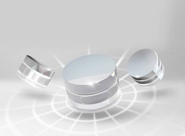 Güzellik reklamları için arka planda kozmetik paketleme 3D. Metalik kapaklı cam krema kavanozu. Beyaz arka planda beyaz 3d. Yüz için reklam kremi. Boş güzellik makyajı.