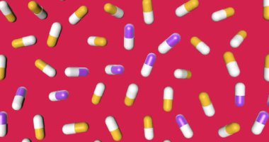 Düşen hapların, hapların ya da vitaminin üç boyutlu çizimi. Bir eczane ya da klinik reklamı için arka plan. Alfa katmanlı video görüntüleri ve arka plan ve rengini değiştirmek için bir maske