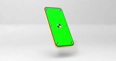 Yeşil ekranlı telefon ve merkezde dinamik döndürme animasyonu için işaretler. Beyaz akıllı telefon teknolojisi. Beyaz ve siyah tuşlu cep telefonu görüntüsü. 4K